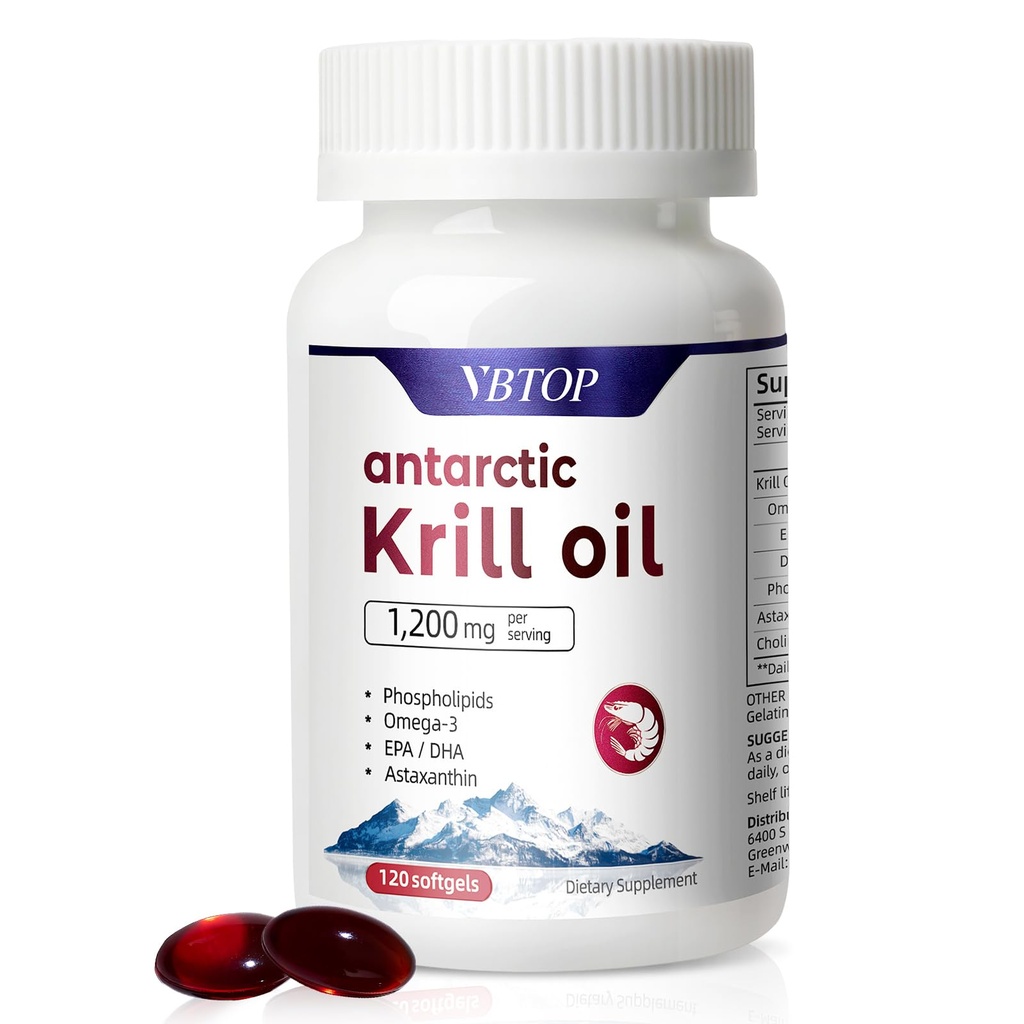 Aceite de Krill Antártico 1200 mg por servicio, 120 Softgels de liberación rápida con Omega-3 EPA DHA, Astaxanthin " Phospholipids, Mercury Free, No Fishy Aftertaste for Heart, Joint " Brain Health