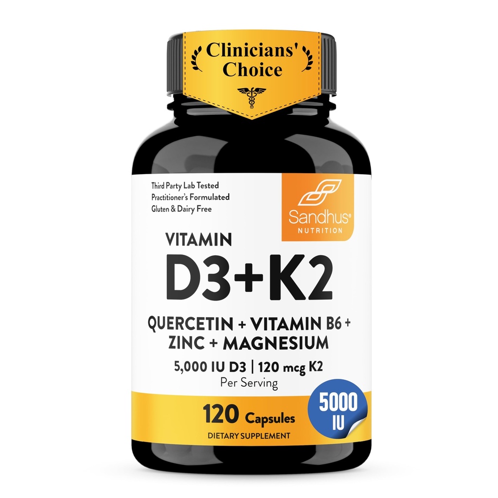 Sandhu's Vitamin D3 K2 Magnesium 5000 IU, 120mcg K2 Capsules 120 Conde (Pack of 1) Silencio con VIT B6, Zinc &amp; Quercetin ANTE D3K2 Apoya Absorción Superior, Energía, Inmune, Salud Muscular para Hombres &amp; Mujeres