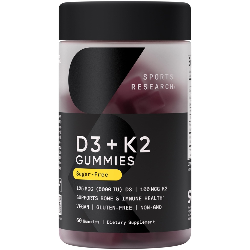 Sports Research® Vegan Vitamina D3 + K2 Gummies libres de azúcar - 125mcg (5000iu) Vitamina D w/ 100mcg Mk7 Vitamin K - Asistencia Bone & Immune Health* - Vegan Certified · Non-GMO · Soy Free - 60 Condes