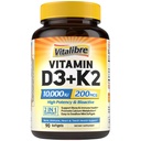 Vitalibre Vitamina D3 K2 Suplemento, 10000 UI D3 / 200 mcg K2 MK7, Calcium Absorption, Bone, Heart, Immune & Mood Support, Enhanced Absorption, No Soy, Easy to Swallow, 90 Softgels