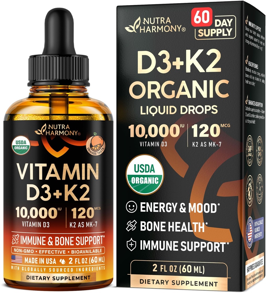 Vitamina D3 K2 USDA Las gotas orgánicas - Vitamina D3 10000 UI &amp; K2 como MK-7 120mcg - Immune &amp; Mood Support, Bone & Teeth Health - Sugar-Free Orange Flavor - Suplemento líquido - Made in USA - 2 FL OZ, 60 días