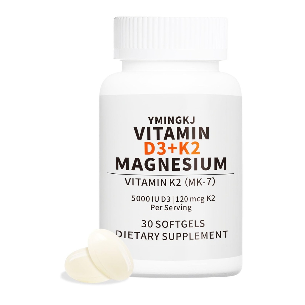 Vitamina D3 K2 5000 U Softgels con suplemento de magnesio - & 120mcg MK-7 K2 para la salud ósea &amp; soporte inmunológico - Softgeles sin gluten con MCT Oil- 30 Softgel