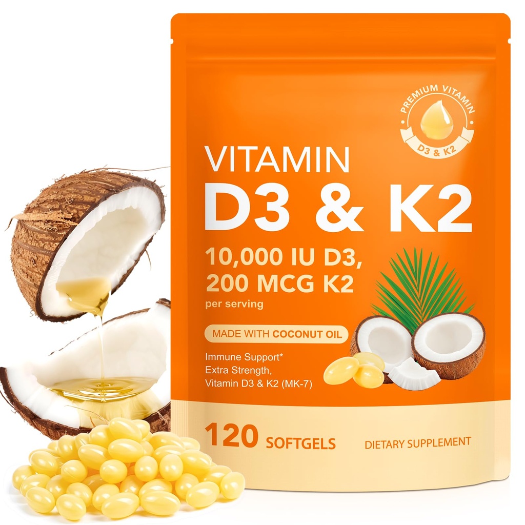 Vitamina D3 K2 con aceite de coco - Vitamina vegano D3 &amp; Mk7 Vitamina K2for Bone &amp; Immune Support - Non-GMO, Soy Free - 120 Softgels