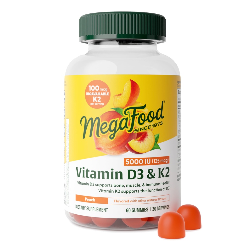MegaFood Vitamina D3 K2 Gummies - Vitamina D 5000 UI para Bone &amp; Immune Health Plus Soporte para la absorción óptima del calcio - Peach Flavor, Pectin Based - 60 Vegetarian D3 y K2 Suplementos, 30 Serviciones