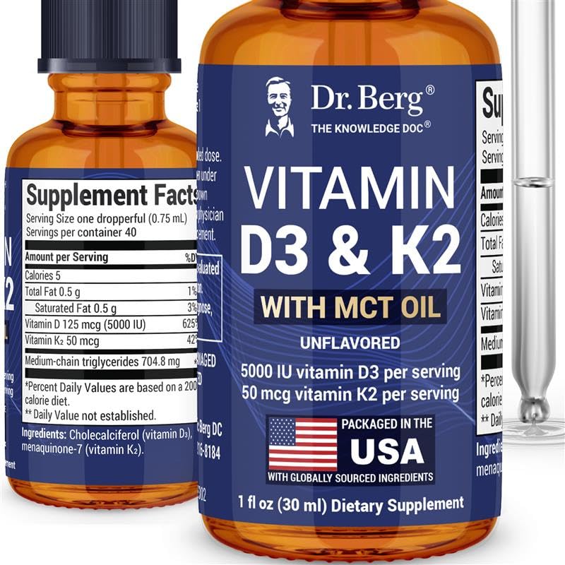 Dr. Berg Maximum Strength Vitamin D3 K2 Liquid Drops with MCT Oil – 5,000 IU Liquid Vitamin D3 with K2 – Supports Strong Bones, Heart, Energy, Immunity, and Global Vitality* - Unflavored 1 Fl Oz