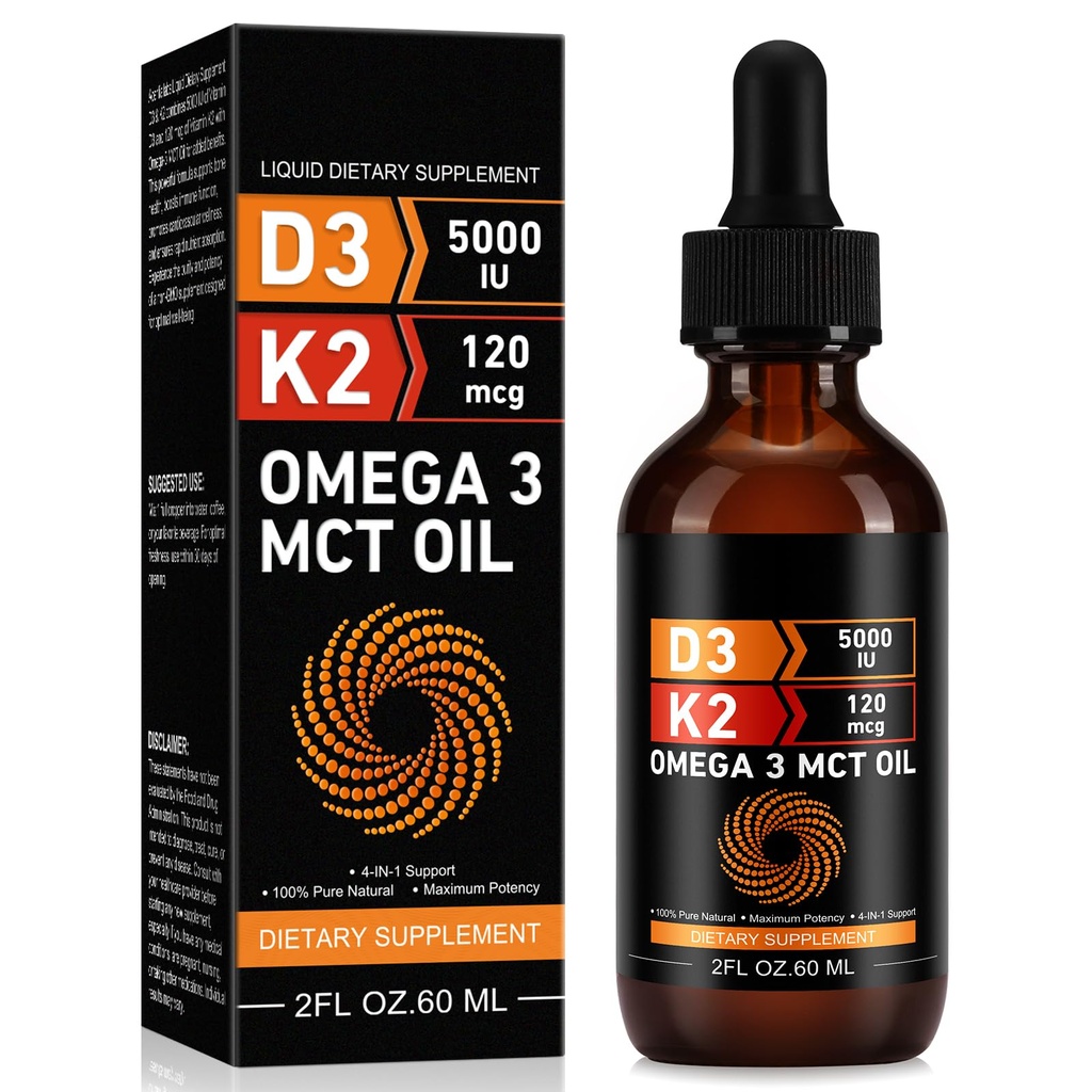 Daiasns Vitamin D3 5000 UI & K2 (MK-7) 120 mcg 60ml gotas con MCT Oil Omega 3, Vitamina Líquida D3 &amp; K2 Suplementos - 2 Meses Suministro -Apoyos Huesos, Dientes, Mood &amp; Sistema Inmunitario, Calcio Absorción