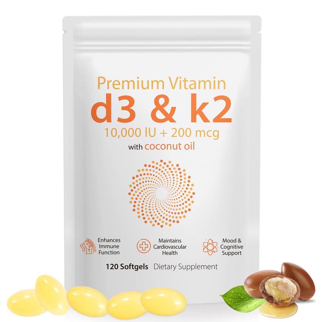 Daiasns Vitamina D3 K2 10000iu Soporta Muscle & Brain Health -High-Potency D3 K2 Supplement Helps in Immune and Cardiovascular Support - 120 Softgels