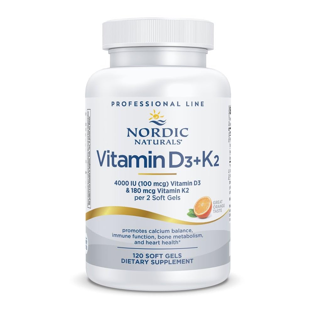 Nordic Naturals Professional Grade Vitamina D3+K2 Suplemento, Orange Flavor - 60 Soft Gels - 4000 IU Vitamina D3 &amp; 180 mcg K2- Promueve la función de equilibrio de calcio &amp; Immune - Non-GMO - 30 Serviciones