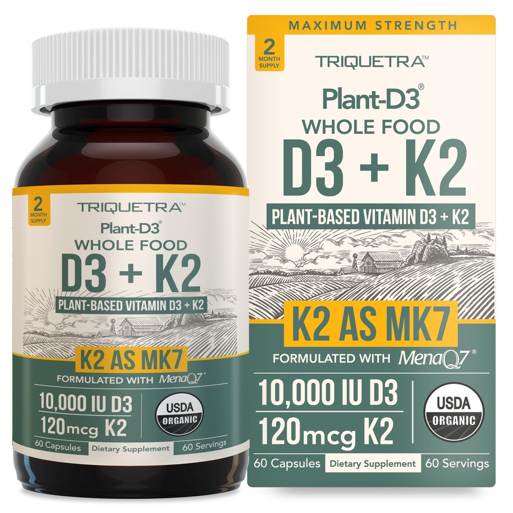 Planta orgánica D3 + K2 tención 10000 IU D3 + 120 mcg K2 como All-Trans MK7 de MenaQ7® - 100% Whole Food, Raw &amp; Vegan ← Enhanced Digestion with Prebiotic & Superfood Complex – D3 from Organic Algae (60 Count)