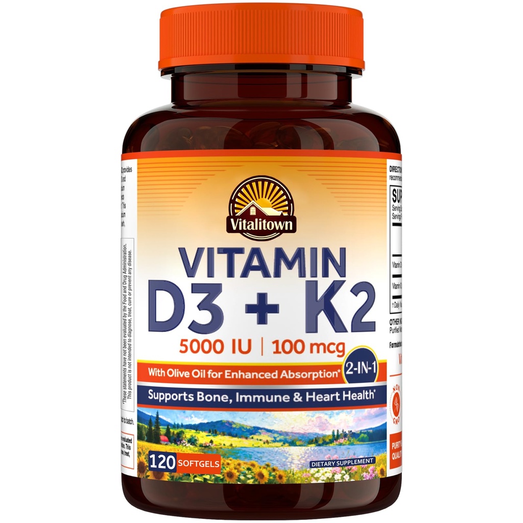 Vitalitown Vitamina D3 K2 Suplemento, D3 5000 UI, Vitamina K2 MK-7 100 mcg, No GMO, No Gluten &amp; Soy, para Bone, Tientes, Immune & Heart Health, 120 Softgels