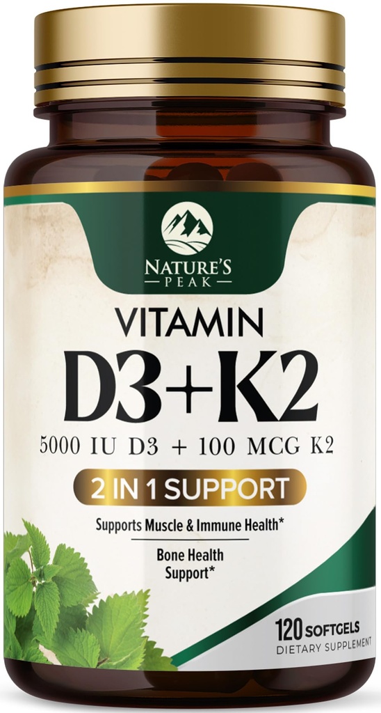 D3 K2 Vitamina - Vitamina D3 5000 UI Per Softgel - Alta Potencia Vitamina D3 Suplemento - 2 en-1 Complejo Vitamina D &amp; Vitamina K2 (MK7) - Fácil de Tragar, Hueso &amp; Soporte Inmunitario - Botellado EE.UU. - 120 Softgels