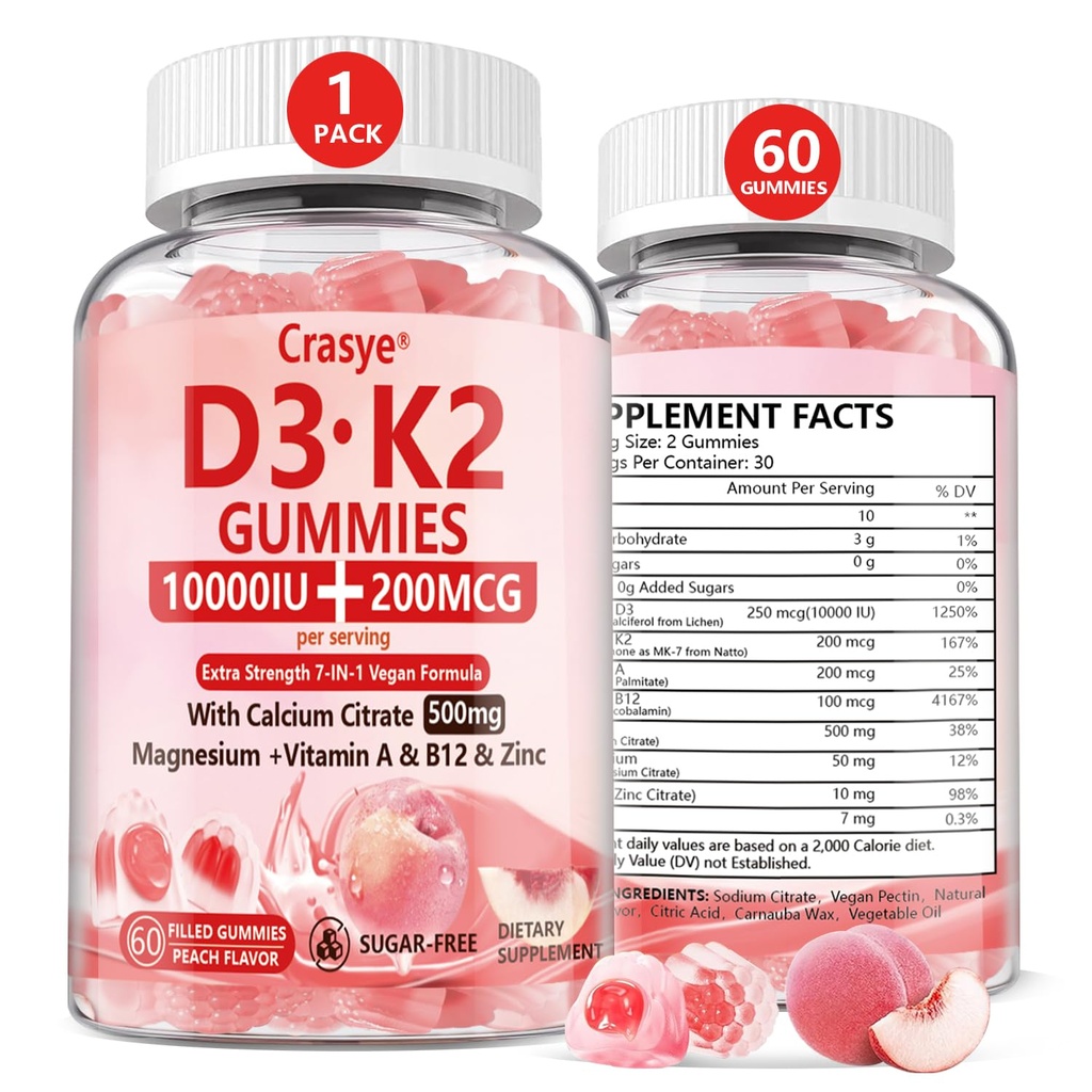 Vitamina D3 K2 Gummies 10000 UI con 500 mg de magnesio de calcio Zinc Azúcar de manteca ADK+Vitamin B12 Suplementos para hombres y mujeres Huesos, músculos, Peach de dientes Flavor - 60 Gummies - 30 Serviciones