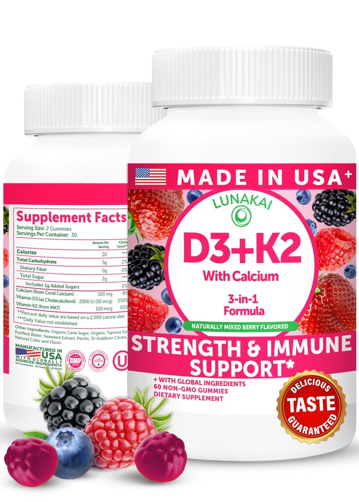 Lunakai EE.UU. hizo vitamina D3 K2 Gummies con calcio – 3-en-1 suplemento diario vegano para bonificación &amp; apoyo inmunológico para mujeres, hombres &amp; niños, 60ct