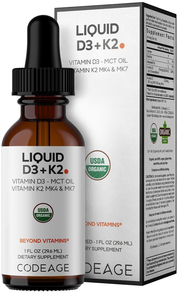 Codeage Liquid D3+K2 Vitaminas USDA Organic - Vitamina D3 2000 UI, Vitamina K2 (MK4 &amp; MK7) Liquid Drops - Immune Support - Unflavored - Organic MCT Oil - Non-GMO - 1 fl oz