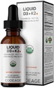 Codeage Liquid D3+K2 Vitaminas USDA Organic - Vitamina D3 2000 UI, Vitamina K2 (MK4 &amp; MK7) Liquid Drops - Immune Support - Unflavored - Organic MCT Oil - Non-GMO - 1 fl oz