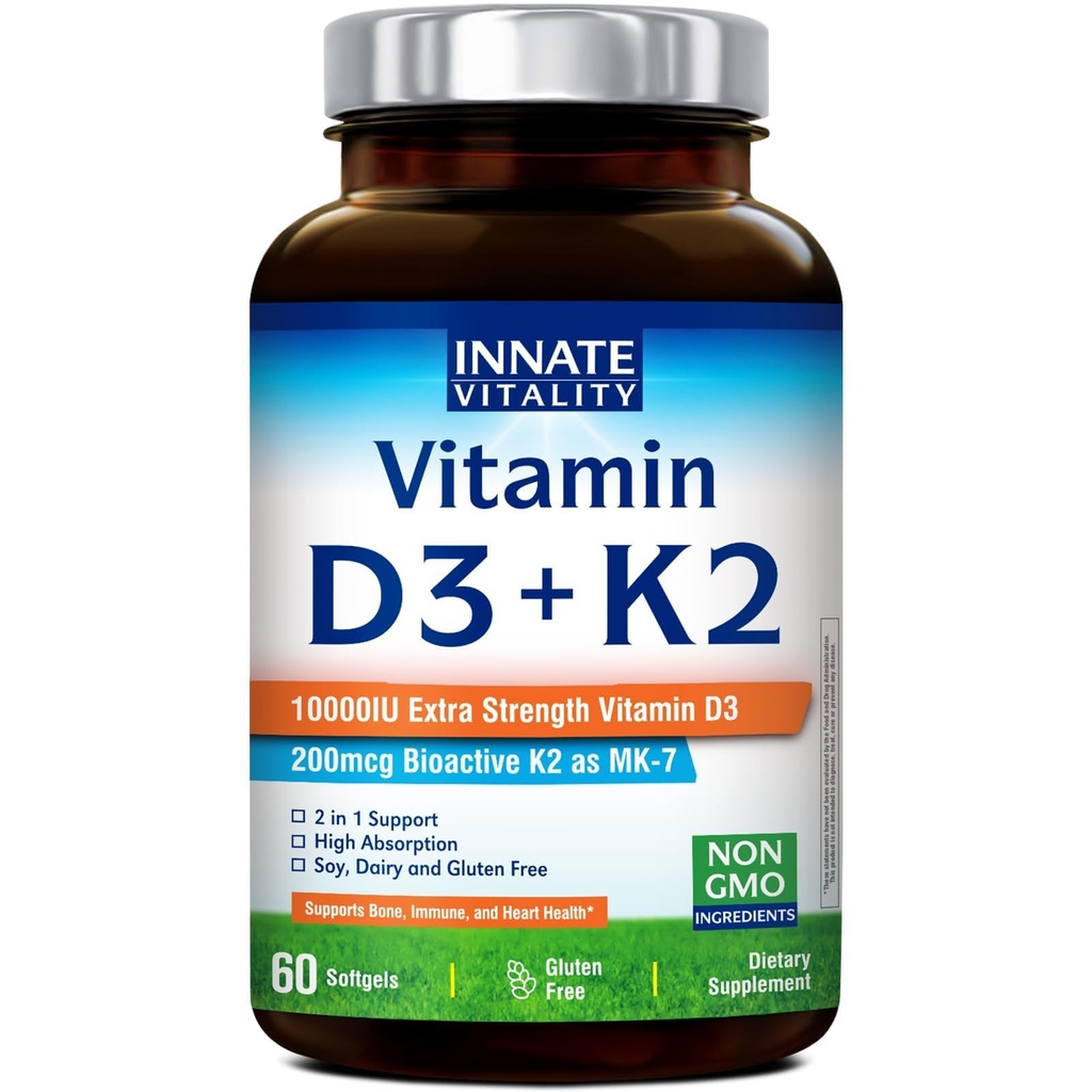 Vitalidad innato Vitamina D3 K2 Suplemento, Alta Potencia Vitamina D3 10000 UI & Vitamina K2 (MK-7) 200 mcg, Apoyo Hueso, Dientes, Corazón &amp; Salud Inmune, No GMO, Gluten Gratis, 60 Softgels