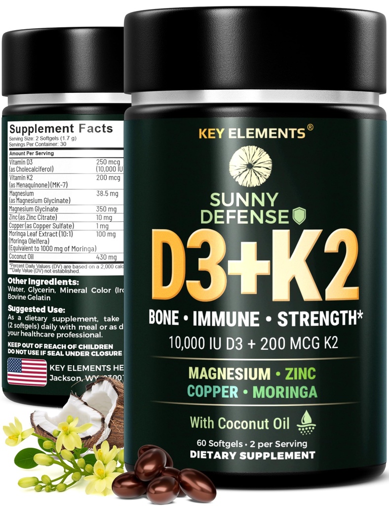 KEY ELEMENTOS D3 K2 Vitamina 10.000 UI con Magnesium Glycinate 350mg, Zinc y Moringa - Bone &amp; Immune Support - Vitamina D con K2 MK-7 200mcg - Non-GMO, Softgels sin gluten
