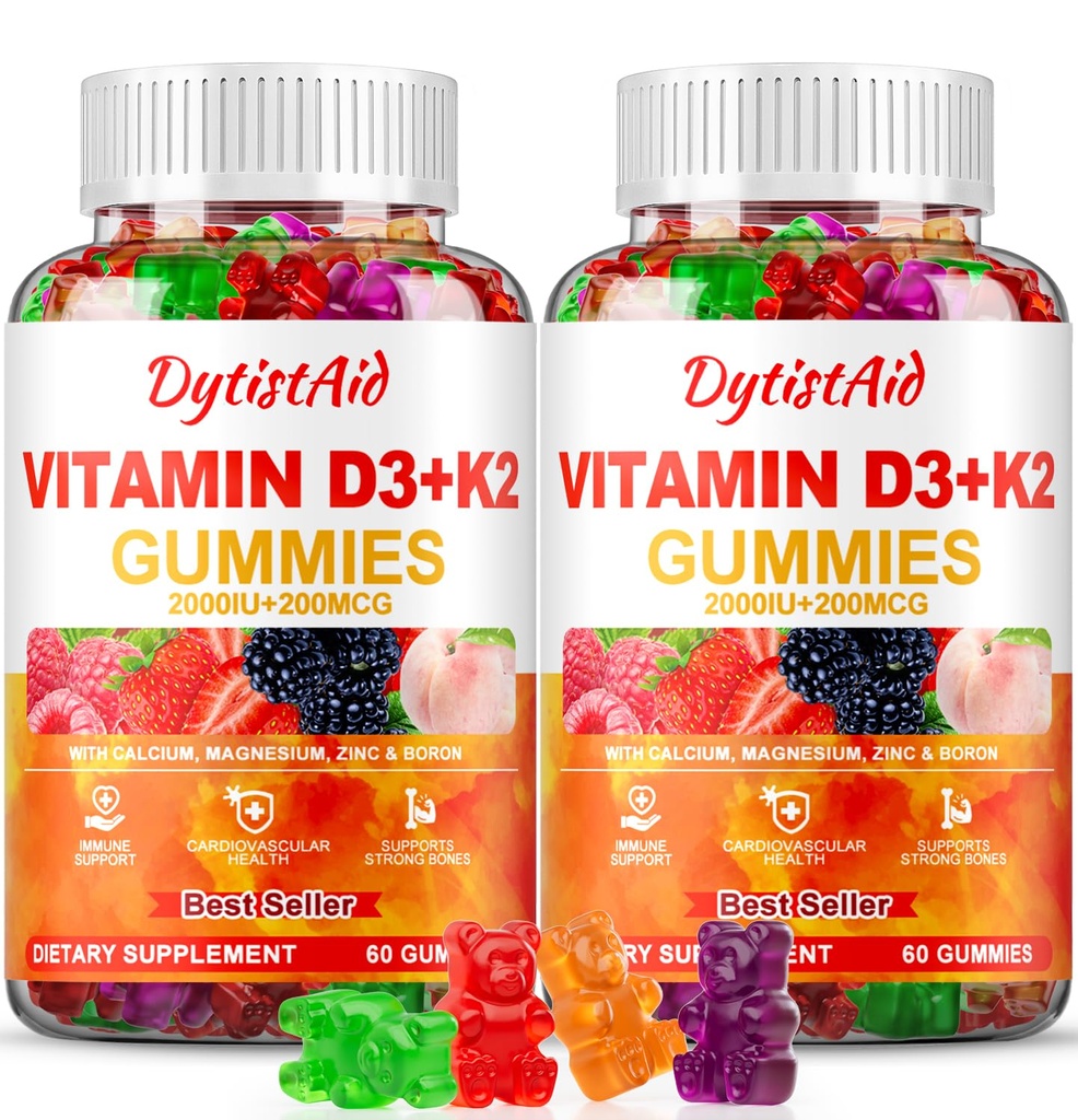 Vitamina D3 + K2 Gummies 2000 UI con Calcio + K2 (MK-7), Citrato de Magnesio, Vitamina C, Zinc & Boron – Bone, Heart &amp; Immune Support – Vegan, No GMO, Gelatin-Free, Suplemento sin azúcar, 120 Gummies
