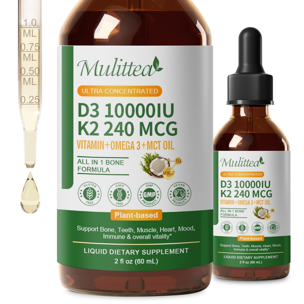 2 Pack Vitamina Orgánica D3 K2 Liquid 10000 UI w/ Vegan Omega-3 & Coconut MCT Oil - Maximum Strength Vitamin D Supplement, No Fillers, Non-GMO K2 as MK7 for Bones, Muscles & High Absorption-2 Fl Oz