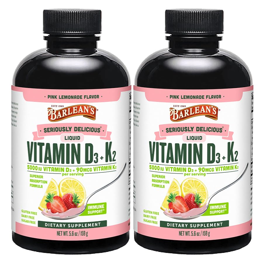 Paquete de Barlean de 2 Vitamina D3+K2 Suplemento líquido para niños y adultos, 5000 UI Vitamina D, Limonada Rosa, No GMO, Gluten y Dairy Gratis, 5.6 oz