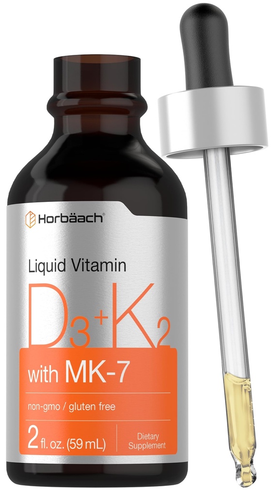 Horbäach Vitamina D3 K2 Liquid Drops TENIDO con MK7 TENIDO 2 Fl Oz ANTE Vegetarian, Non-GMO, Gluten Free Supplement