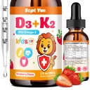 Niños Vitamina D3 K2 gotas - K2 D3 Suplemento de vitamina 1000 UI con Omega 3, Bono de soporte, Mood, dientes &amp; inmuno - Vitamina D3 K2 (MK-7) Líquidas para adultos &amp; niños, sabor de fresa gratis de azúcar 2 FL OZ