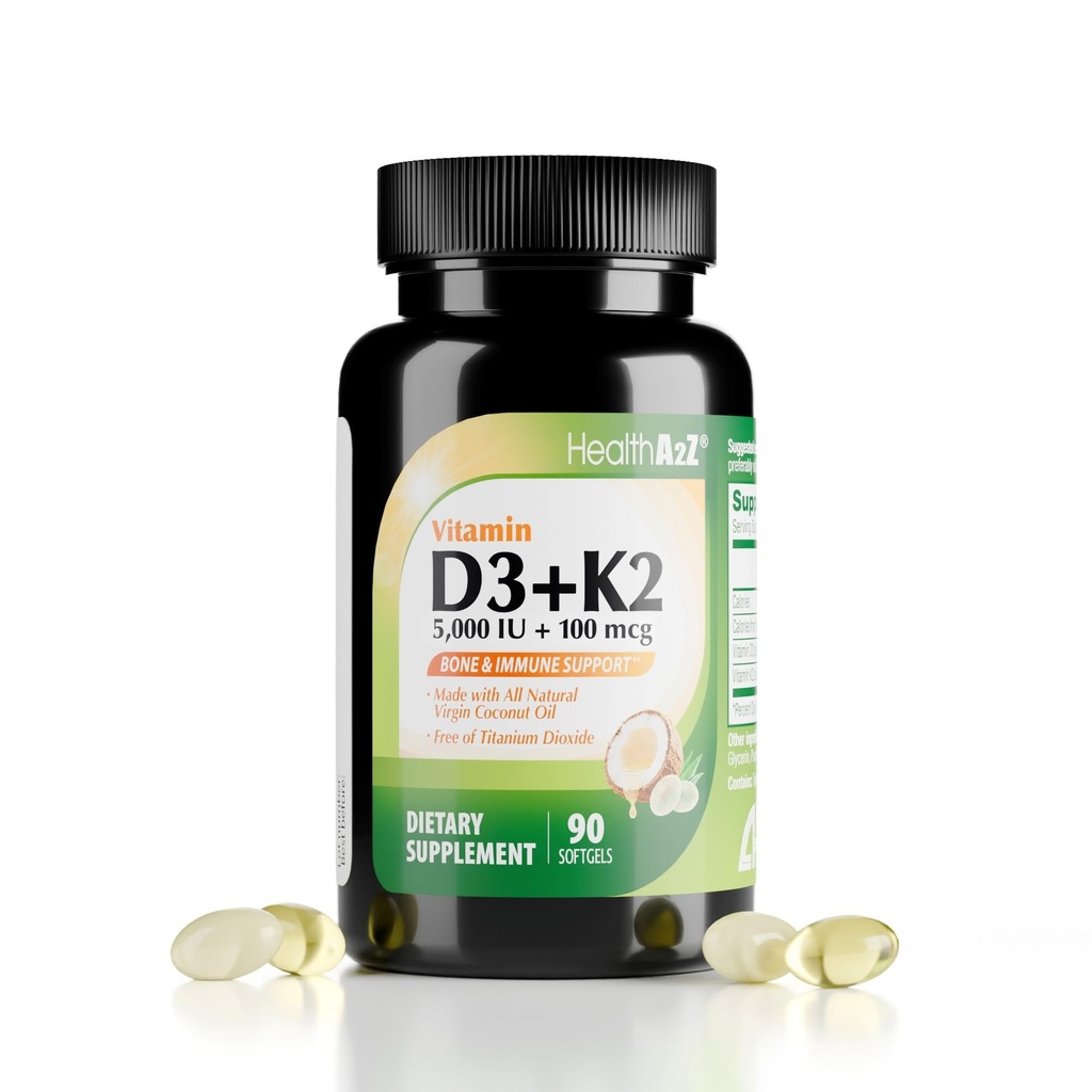 HealthA2Z® Vitamin D3 (5,000 UI) + K2 (MK-7) Hecho con aceite de coco virgen (MCT natural) - 90 Softgels (Pack of 1) - Ayuda a la absorción de calcio para los huesos, dientes, mood &amp; ampuna salud