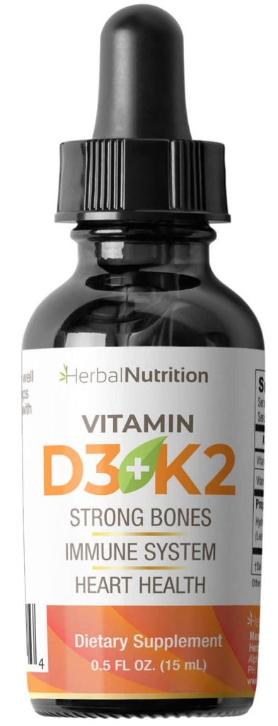 Nutrición de hierbas Vitamina orgánica D3 K2 gotas – 5000 UI D3 + 63mcg MK7 K2 – 270 Serviciones, Vegan, Suplemento líquido Entrega superior – Bono, Corazón, Immune & Mood Soporte – Peppermint Flavor
