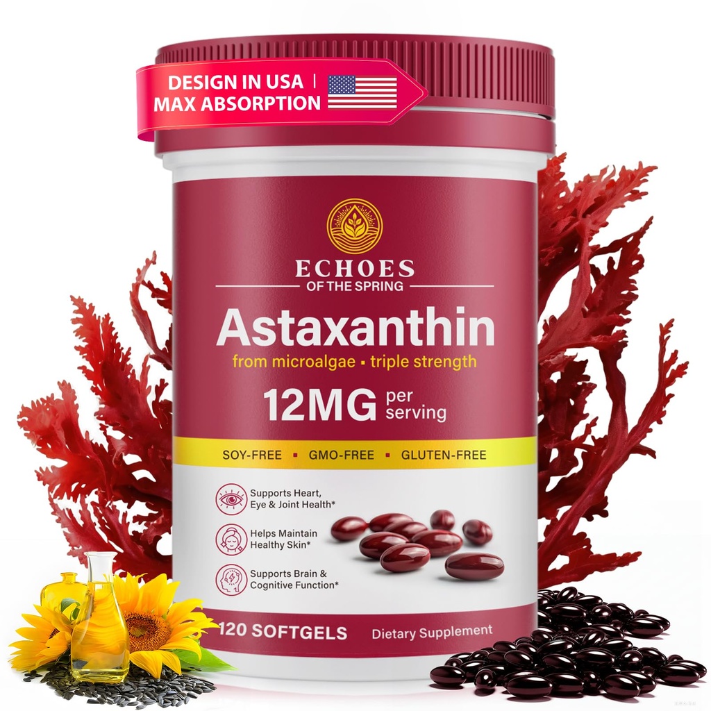 Astaxanthin 12mg – Astaxanthin natural de Haematococcus Pluvialis, Triple Strength Suplemento Antioxidante para el ojo, la piel, soporte conjunto &amp; inmunológico (120 Cuenta (Pack de 1))