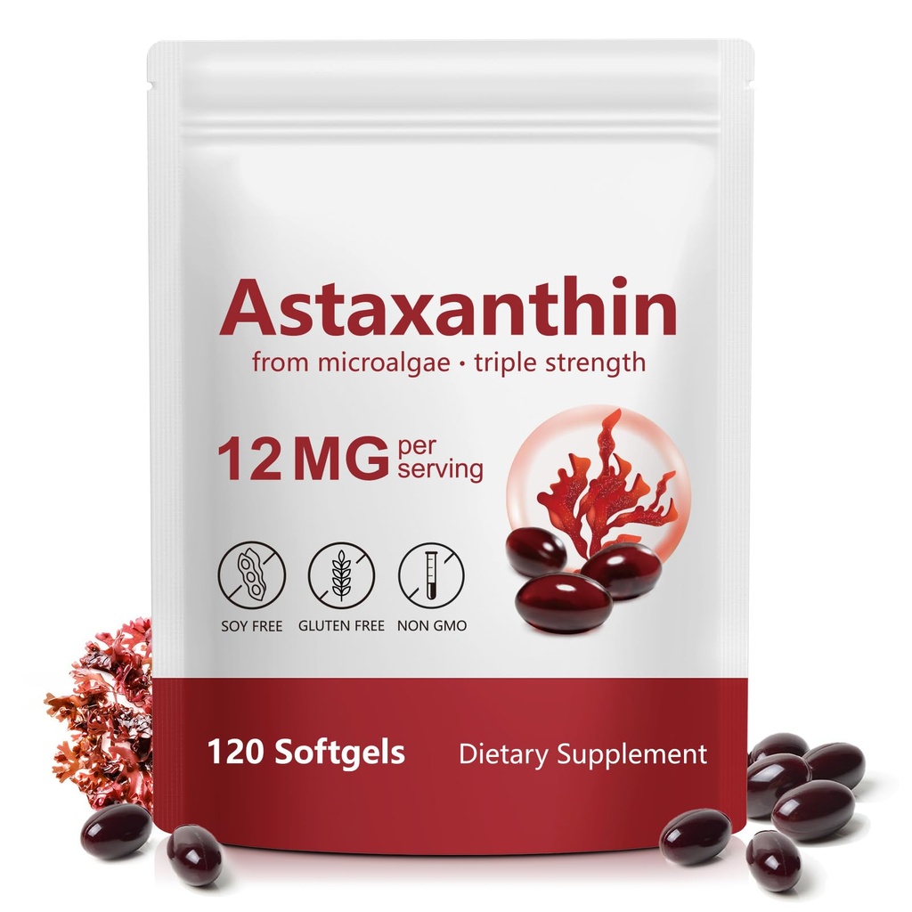 Premium Astaxanthin 12mg,120 Softgels Silencio Natural Antioxidante Suplemento para el Ojo, Conjunto, Salud de la piel,Microalgae Fuente Silenciosos 4 Meses Fuente Silencioso Apoyo Circulación Interna " Tanning natural,Non-GMO