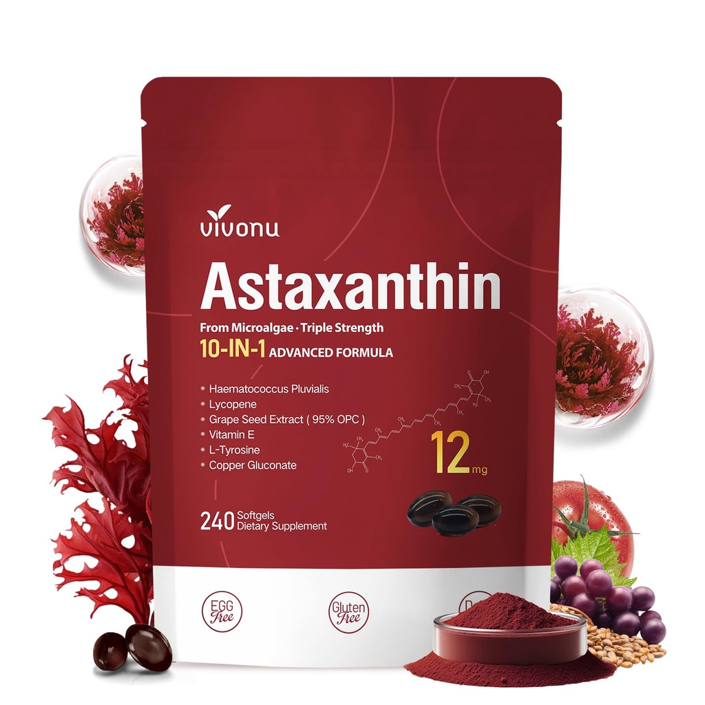 10 en 1 Astaxanthin 12mg Suplementos, 4 Mes de Suministro, Astaxantina Antioxidante de Haematococcus Pluvialis fresco, Contiene Lycopeno, Semillas de uva, Vitamina E, &amp; Más Apoyo Ojo, Juntas, Salud de la Esquía