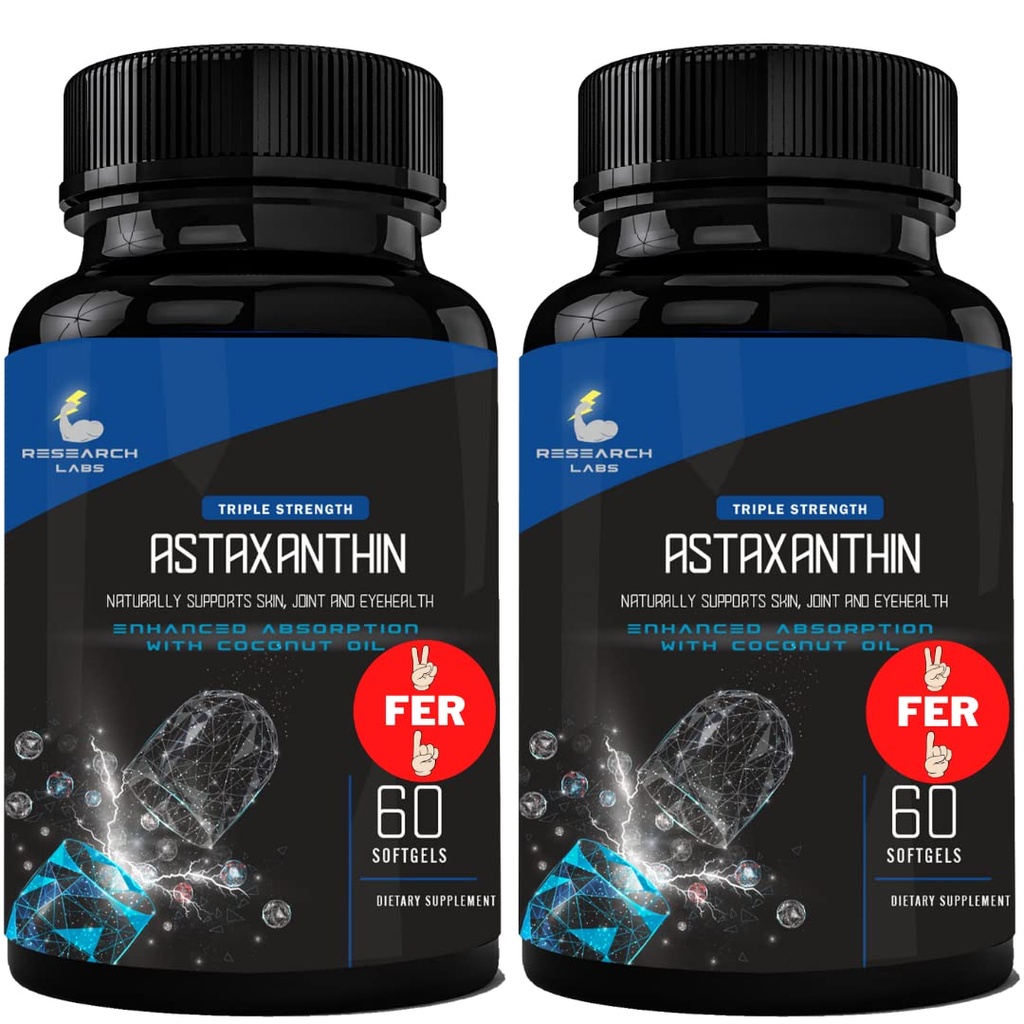 Laboratorios de Investigación Triple Strength Natural Astaxanthin 12mg Softgels + Botella Extra Aceite de coco orgánico para absorción mejorada Powerful Antioxidant Support Eye Joint & Heart Health 120 Total Softgels