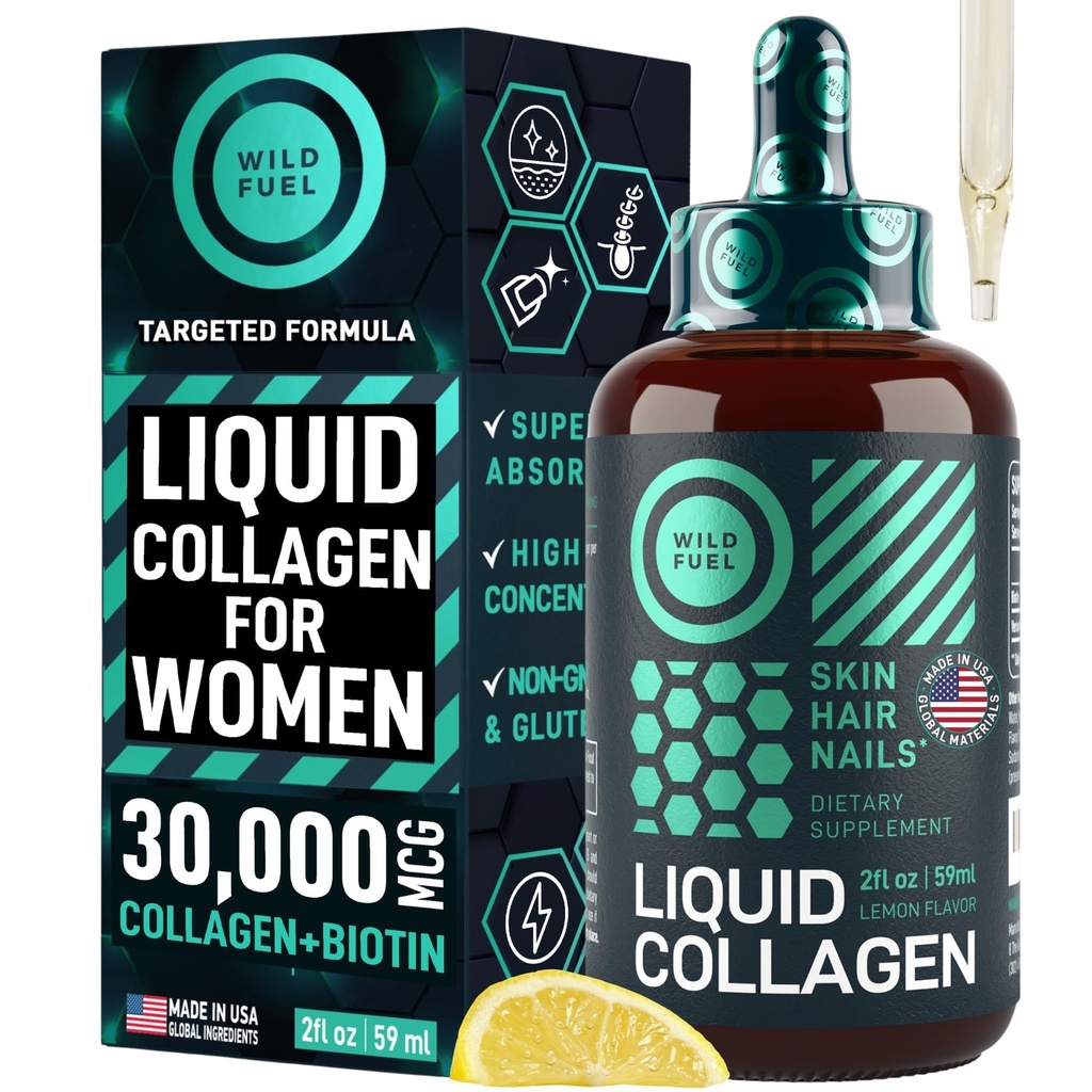 WILD FUEL Líquido colágeno péptidos con vitaminas de biotina para la piel del cabello y uñas - 30,000mcg Líquido colágeno para mujeres y hombres más biotina - sabor limón, hasta 2 meses - 2 oz