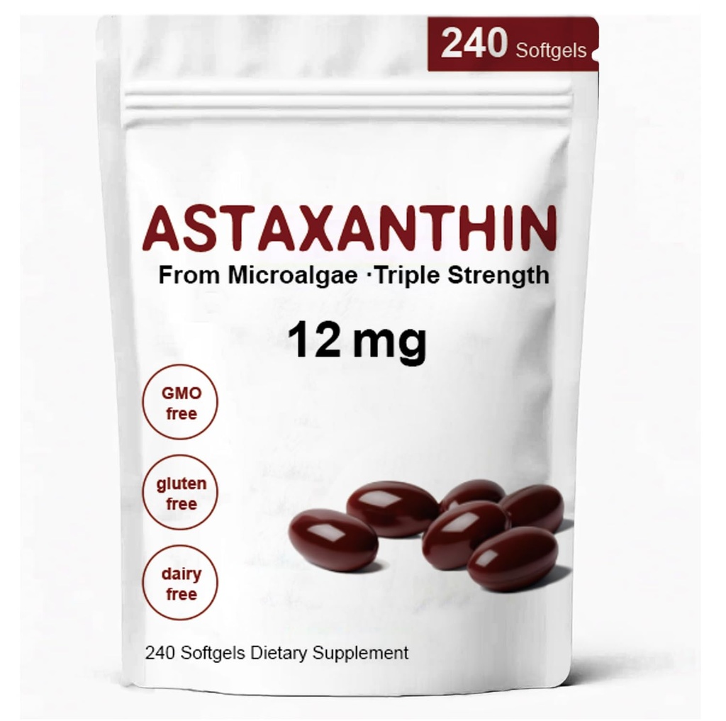 Astaxanthin 12mg, Premium Astaxanthin Antioxidante Suplementos con Actividad Antioxidante, Soporta Ojo, Inmune, Salud de la piel, Circulación interna-240 Softgels