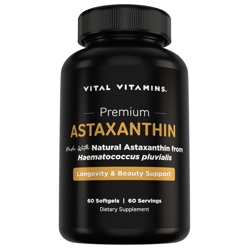 Vitaminas Vitales Astaxanthin 12mg Softgels - Hecho con Astaxanthin Natural - Suplemento para promover la hidratación de la piel, elasticidad - Defende las células contra los daños diarios - Vegan, Hecho en los EE.UU. - 60 geles suaves