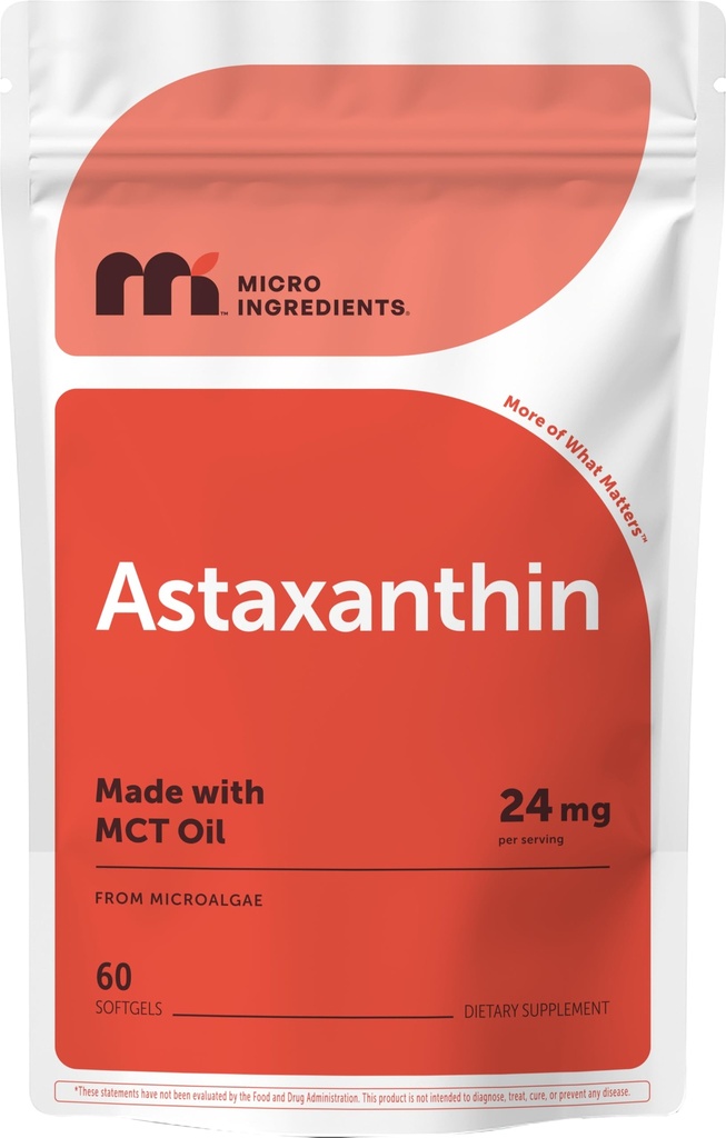 Micro Ingredientes Astaxanthin 24mg con MCT Oil, 60 Softgels, 2 Month Supply TEN Max Strength Astaxanthin Antioxidant Supplements ← Fuente de Microalgas Frescas ← Non-GMO, Gluten Free, No Soy