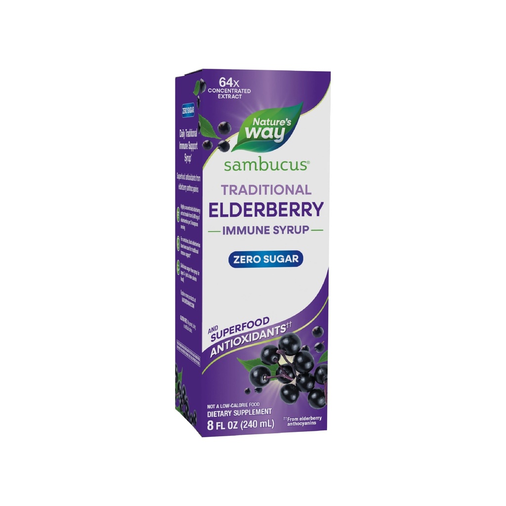 Camino de la Naturaleza Sambucus Zero Sugar Tradicional Immune Syrup, Altamente Concentrado Negro Elderberry Extracto, Tradicional Immune Support*, Libre de Azúcar, Berry Flavored, 8 Fl Oz (Packaging May Vary)