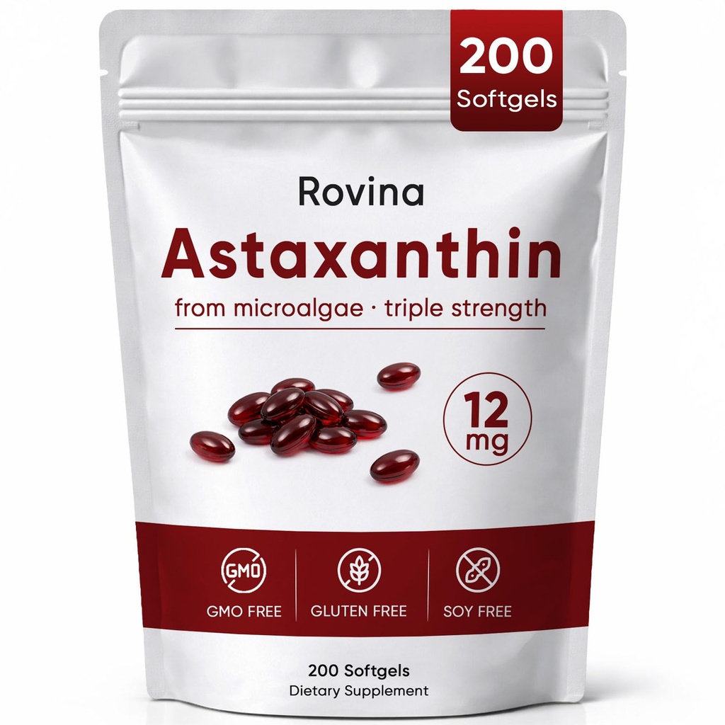 Rovina Astaxanthin 12mg Softgels, Suplemento Antioxidante para el bienestar diario, Immune, Eye & Skin Support, Joint, Interna Circulación, No GMO, Gluten Free - 200 Softgels (1)