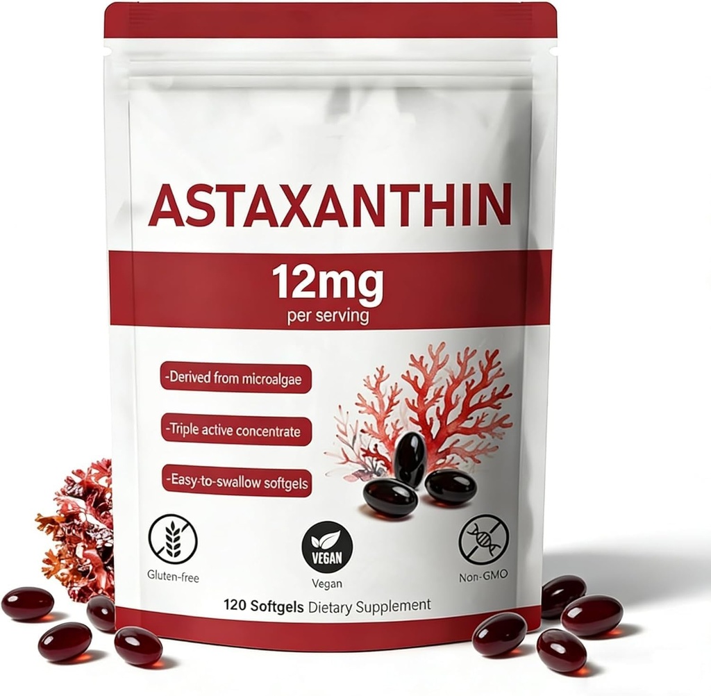 Fuente Astaxanthin 12mg, 120 Softgels, Fuente de Microalgas Naturales, Gluten-Free,4 Mes