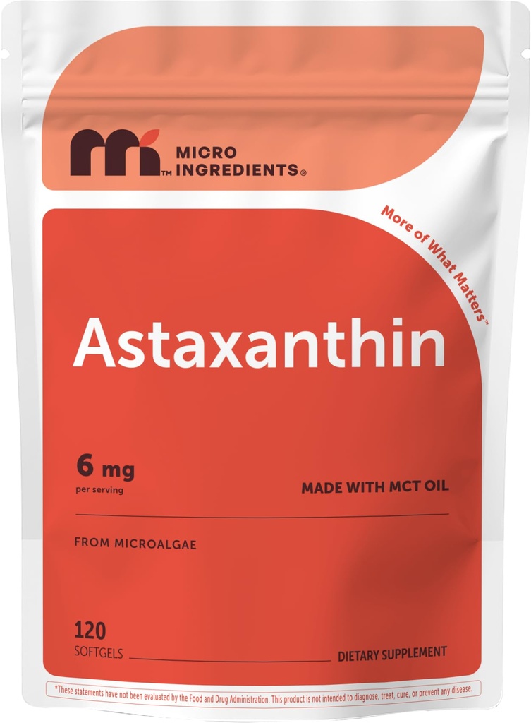 Micro Ingredientes Astaxanthin 6mg con MCT Oil, 120 Softgels ← Premium Astaxanthin Suplementos Antioxidantes* Silencio Fuente de Microalgas Frescas ← Triple Strength, Non-GMO, Gluten Free, No Soy