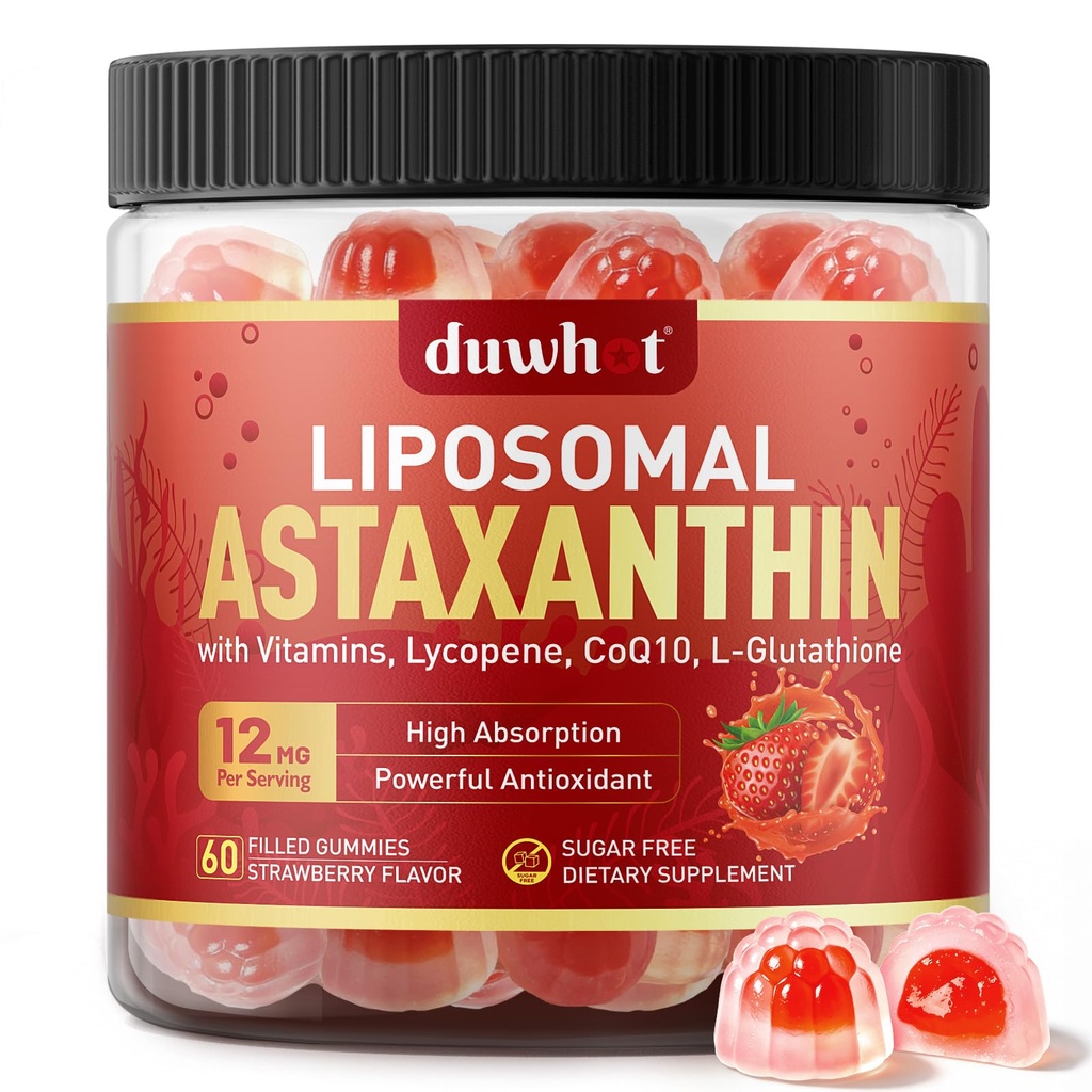 Liposomal Astaxanthin Gummies, Organic Astaxanthin 12mg Suplementos con Lycopene, Glutathione for Powerful Antioxidant, Plus Vitaminas &amp; CoQ10 para el ojo, Skin &amp; Immune Health, Sugar Free, Vegan, 60