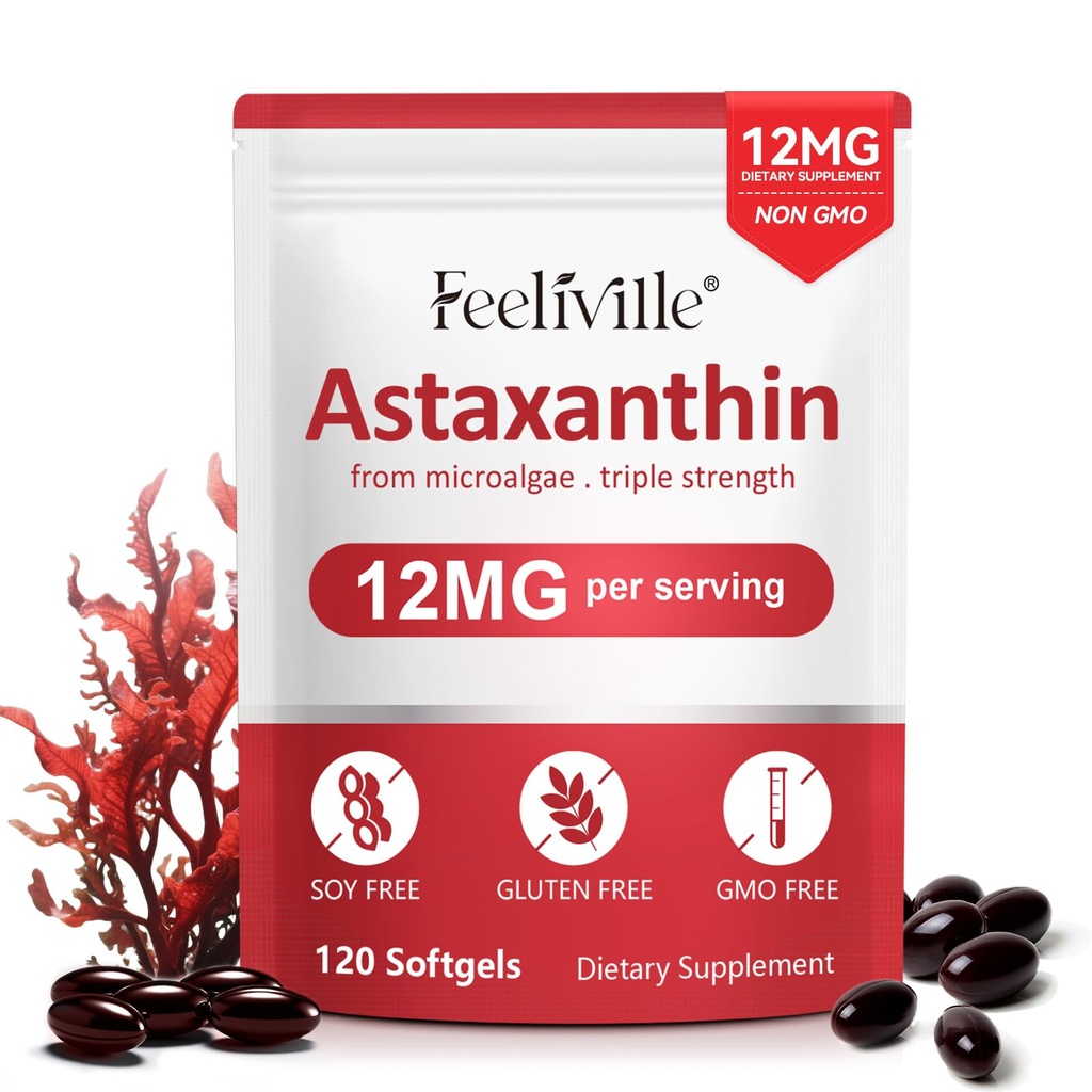 ABOUME Astaxanthin Suplementos, Astaxanthin 12mg, Fresh Microalgae Source, Supports Eye, Immune, Skin Health, Internal Circulation ← Non-GMO Silencio No Gluten (1PCS)