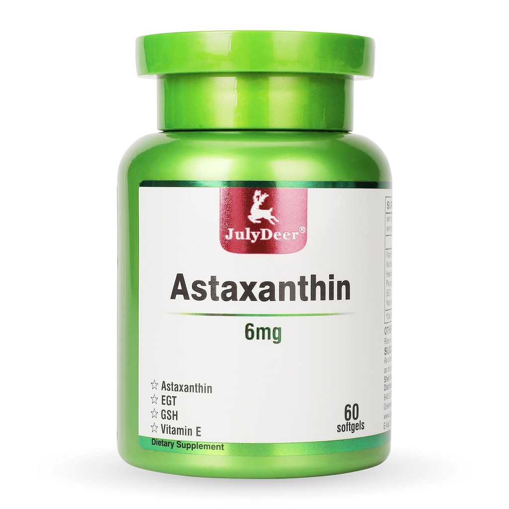 JulioDeer Astaxanthin 6 mg Por Serving, 60 Softgels – Doble Fuerza Microalgas – Haematococcus Natural Pluvialis Fuente – Suplementos Antioxidantes para la piel, los ojos, las articulaciones, &amp; Apoyo Inmunitario – Non-GMO