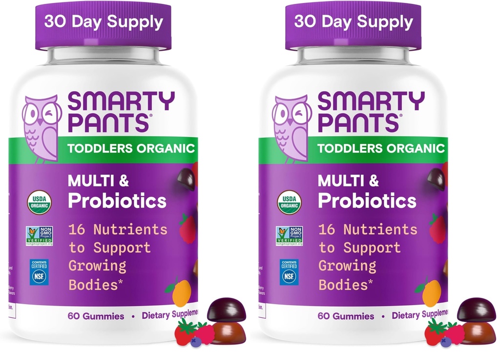 SmartyPants Organic Toddler Multivitamin Gummies: Probióticos,Omega 3 (ALA),Vitamin D3,C,Vitamin B12,B6,A,K pacienteZinc,Beta Carotene,Gluten Free,Three Fruit Flavors, (30 Day Supply),60 Conde (Pack of 2)