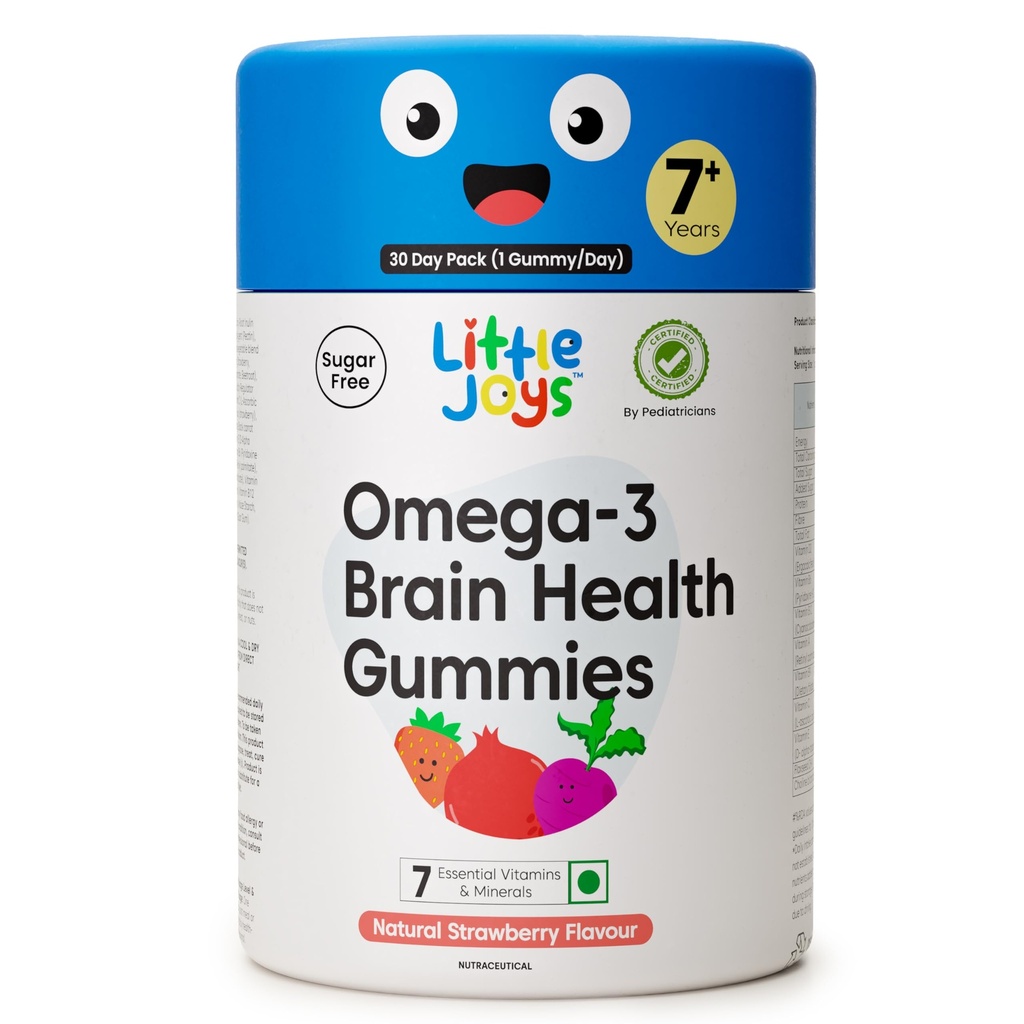 Little Joys Omega-3 (DHA) Cerebro Gummies para niños. 7-12 años. 30 Day Pack. Suplementos de Omega-3 basados en plantas. Hecho con Chicory Root Fiber para Gut Health. Multivitaminas Rich. No Sugar.