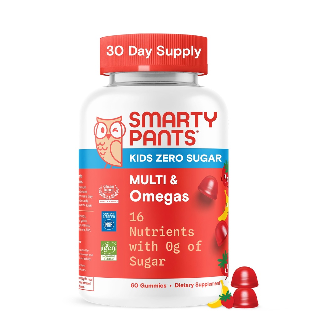 SmartyPants Kids Zero Sugar Multivitamin Gummies: Omega-3, Vitaminas D, C, A, Plant-Based, Gluten Free, Strawberry Banana Flavor, 60 Cuenta (30 Day Supply)