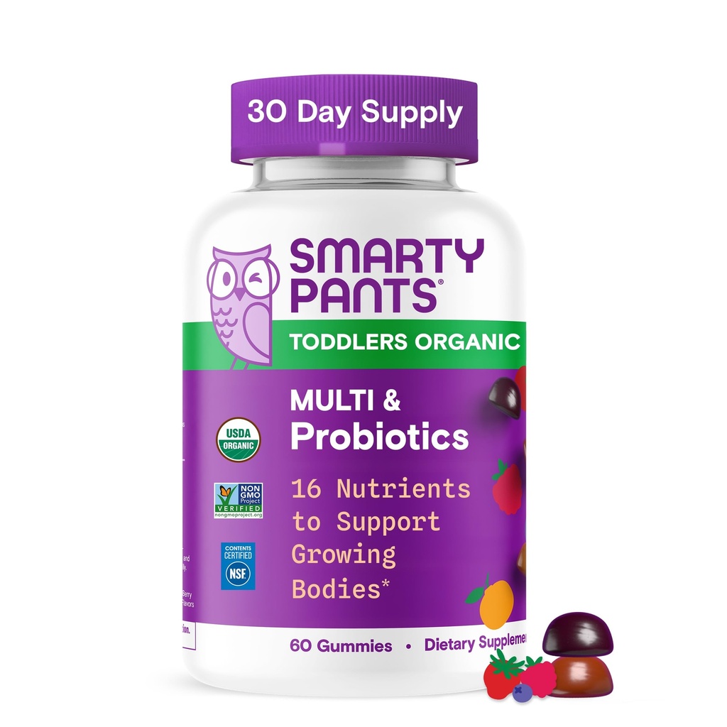 SmartyPants Organic Toddler Multivitamin Gummies: Probióticos, Omega 3 (ALA), Vitamina D3, C, Vitamina B12, B6, A, K & Zinc, Beta Carotene, Gluten Free, Three Fruit Flavors, 60 Cuenta (30 Day Supply)