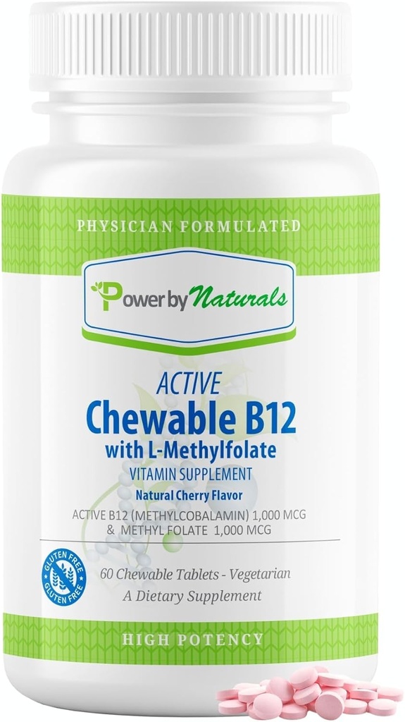 Power By Naturals Active Chewable Methylated B12 with L-Methyl Folate Supplement for Women &amp; Men, Cherry Flavor, 60 Tablets