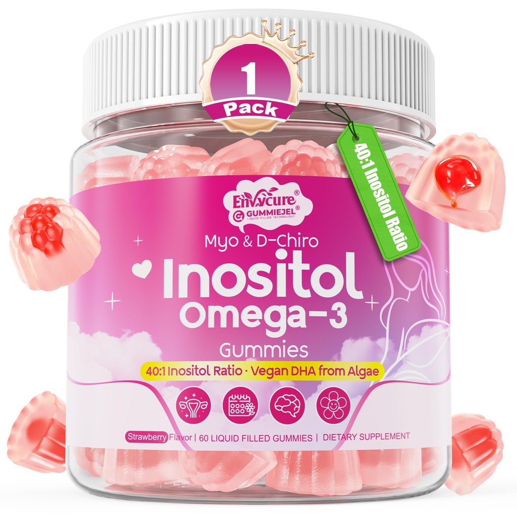 Myo-Inositol & D-Chiro Ideal 40:1, Inositol + Omega-3(3:1) Gummies, Equilibrio hormonal para las mujeres ¦ Sugar Free Inositol Gummies w/Omega 3 DHA:EPA (3:1), Suplemento de Inositol para la salud del ciclo, Vegan, 60 Ct