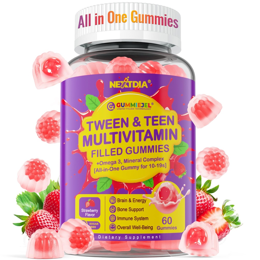 Nextdia Multivitamínicas llenas para niños adolescentes niñas 12-17, 18, 19, Niños 10+ Multivitamina con Omega 3, Calcio + Magnesio + Zinc, Multi-Minerales para adolescentes 10-19S Cerebro, Hueso, Energía, Inmune